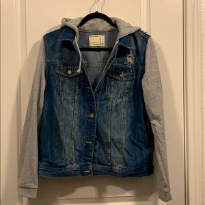 Contrast Knit Hooded Denim Jacket